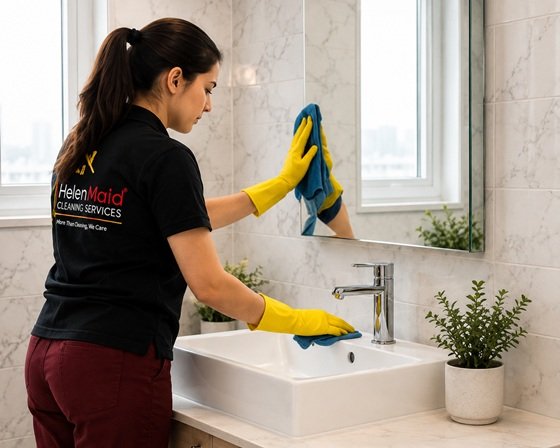 Helen Maid cleaner deep cleaning a bathroom sink and mirror