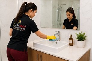 Helen Maid cleaner providing detailed bathroom deep cleaning services in the UAE