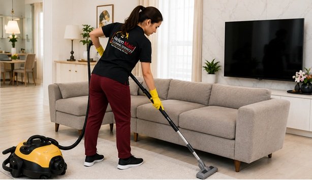 Helen Maid cleaner providing professional deep cleaning in a modern living room in Dubai