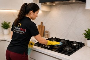 Professional Helen Maid cleaner deep cleaning a kitchen cooktop in Dubai