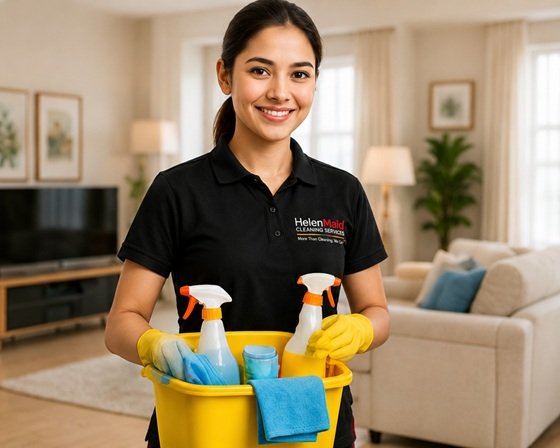 Helen Maid professional cleaner holding cleaning supplies in a modern home