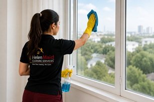 Professional Helen Maid cleaner cleaning interior windows during a deep cleaning service