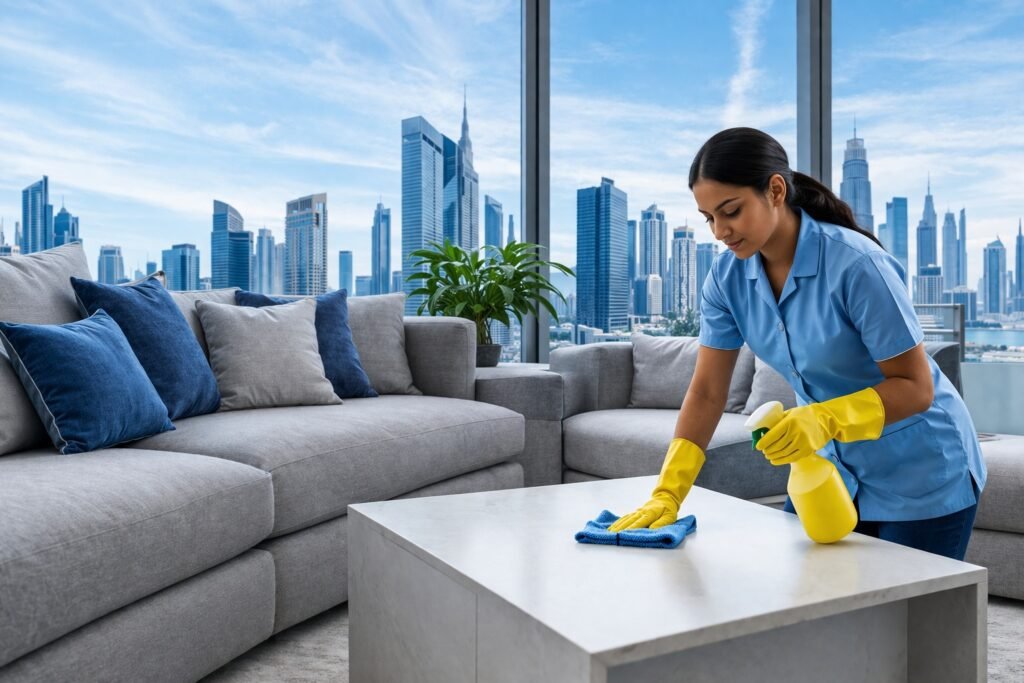 Professional cleaning services in Al Qusais Dubai by Helen Maid staff cleaning modern apartment