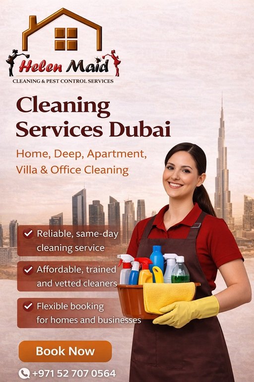 Helen Maid cleaning services Dubai poster with professional cleaner and Dubai skyline