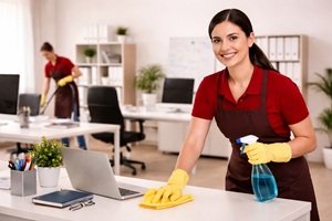 Office cleaning service in Dubai by Helen Maid cleaner sanitizing office desk