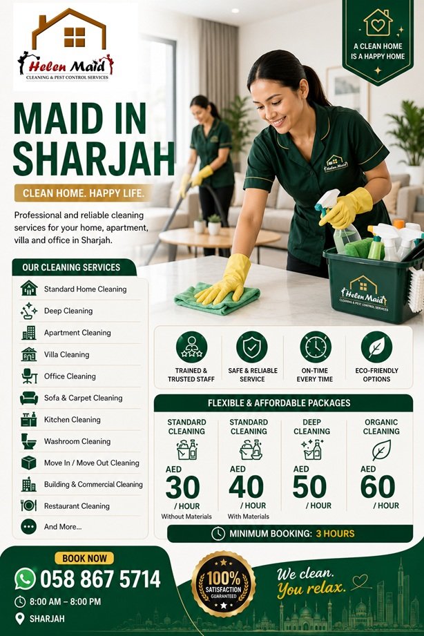 Maid in Sharjah from Helen Maid Cleaning Services cleaning a modern home
