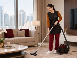 Professional Helen Maid cleaner vacuuming a modern apartment in Sharjah