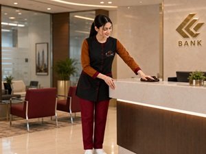 Helen Maid cleaner wiping a bank reception counter during cleaning in Sharjah
