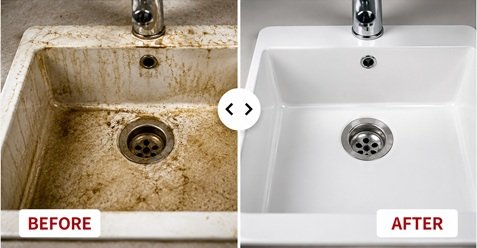 Before and after bathroom sink deep cleaning service in Ajman by Helen Maid Cleaning Services showing stain removal and complete sanitization.