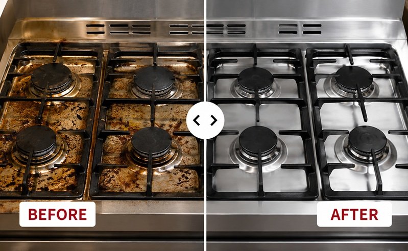 Before and after kitchen stove deep cleaning service in Ajman by Helen Maid Cleaning Services showing grease removal and professional sanitization.
