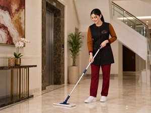 Helen Maid cleaner mopping a building entrance and lobby in Sharjah