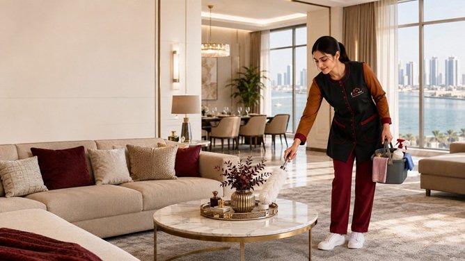 Professional cleaner mopping a modern home during cleaning services in Sharjah