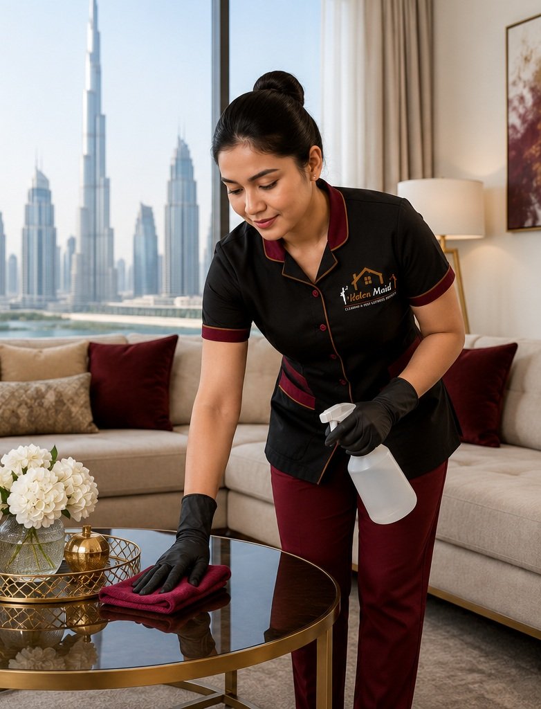 Professional cleaner from Helen Maid Cleaning Services cleaning a modern apartment in Dubai using premium cleaning equipment.