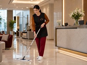 Helen Maid cleaner mopping a polished commercial floor in Sharjah