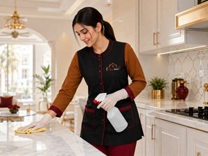 Helen Maid cleaner wiping a kitchen counter during deep cleaning service in Sharjah