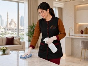 Helen Maid cleaner disinfecting a household surface during sanitization service in Sharjah