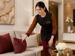Helen Maid cleaner arranging cushions during house cleaning services in Sharjah