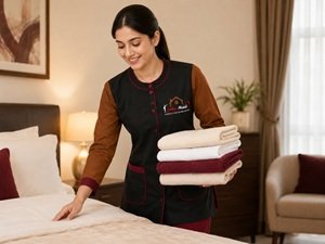 Helen Maid housekeeper arranging clean towels during maid service in Sharjah
