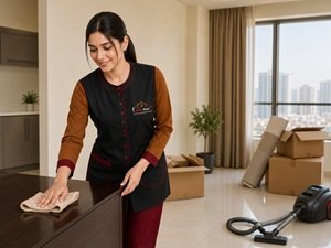Helen Maid cleaner wiping furniture during move-out cleaning in a Sharjah apartment