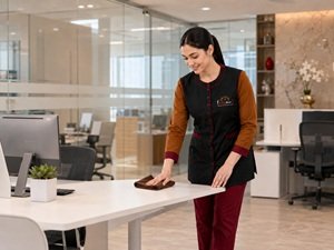 Helen Maid cleaner wiping an office desk during office cleaning in Sharjah