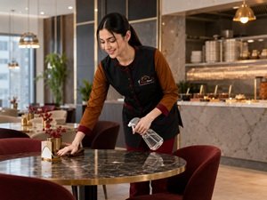 Helen Maid cleaner wiping a restaurant table during commercial cleaning in Sharjah