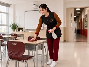 Helen Maid cleaner wiping a classroom desk during school cleaning in Sharjah