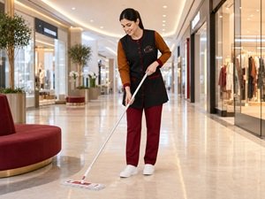 Helen Maid cleaner mopping a shopping mall walkway in Sharjah