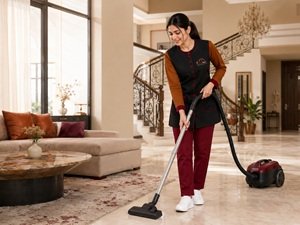 Helen Maid cleaner vacuuming the living area of a large villa in Sharjah