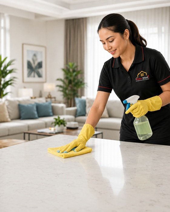 Professional cleaner from Helen Maid cleaning a modern home in Sharjah