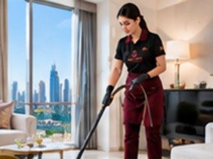 Female cleaner providing apartment cleaning services in Dubai