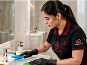 Female cleaner providing bathroom cleaning in Dubai